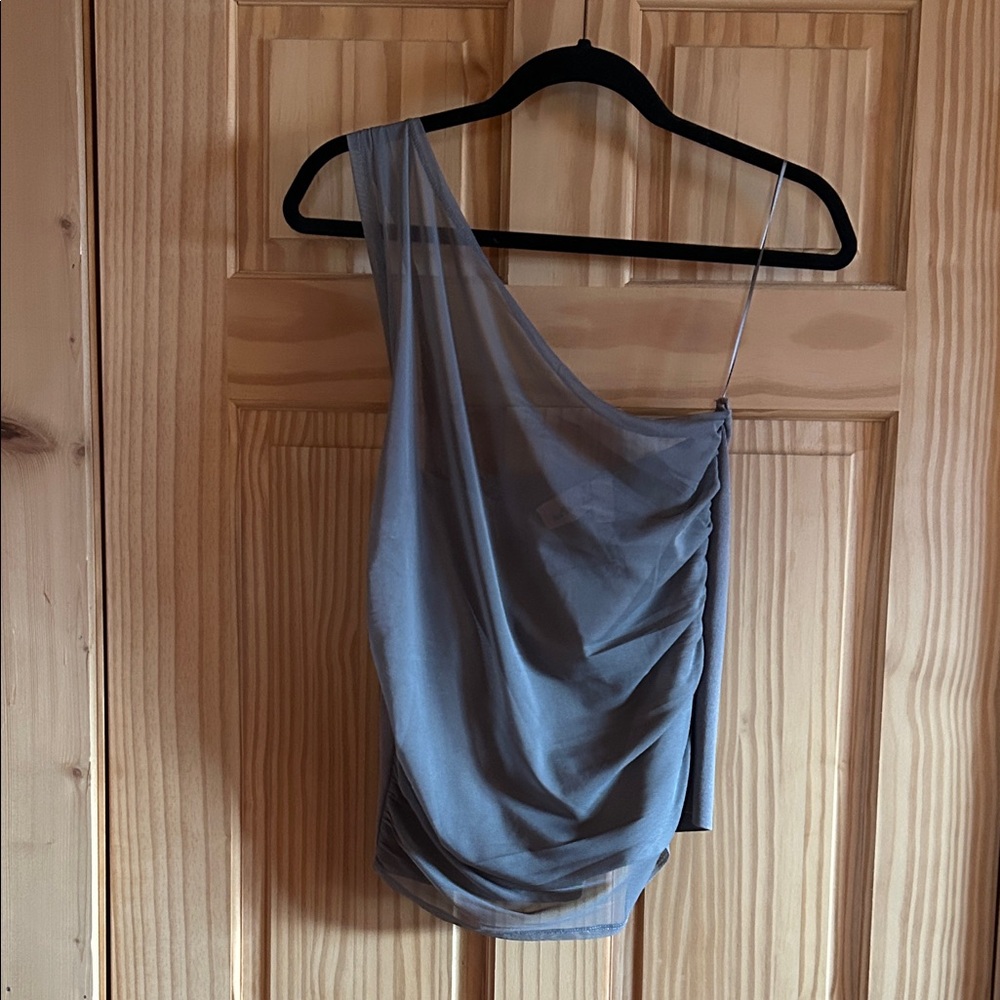 One shoulder ruched mesh tank top
